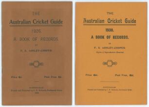 &lsquo;The Australian Cricket Guide. A Book of Records&rsquo;. Two issues for 1926 and 1930. F.S. Ashley-Cooper. Published by C.H. Richards, Nottingham 1926 & 1930 respectively. Both in original paper wrappers. Padwick 3328. Good/very good condition.