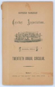 Southern Tasmanian Cricket Association. Twentieth Annual Circular for Season 1885-86&rsquo;. 70pp. Hobart Town. Printed at the &lsquo;Mercury&rsquo; Steam Press Office 1886. Original beige pictorial wrappers. Very minor wear to the head of the spine otherwise in good/very 