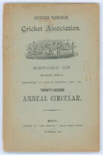 Southern Tasmanian Cricket Association. Twenty-second Annual Circular for Season 1887-88&rsquo;. 72pp. Hobart Town. Printed at the &lsquo;Mercury&rsquo; Steam Press Office 1888. Original light green pictorial wrappers. Some discolouration to wrappers otherwise in good/very