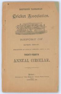 Southern Tasmanian Cricket Association. Twenty-fourth Annual Circular for Season 1889-90&rsquo;. 68pp. Hobart Town. Printed at the &lsquo;Mercury&rsquo; Steam Press Office 1890. Original light brown pictorial wrappers. Some wear and loss to the wrapper extremities otherwis