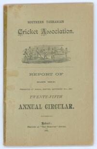 Southern Tasmanian Cricket Association. Twenty-fifth Annual Circular for Season 1890-91&rsquo;. 54pp. Hobart Town. Printed at the &lsquo;Mercury&rsquo; Steam Press Office 1891. Original light green pictorial wrappers. Tape to spine and tape repair across the back wrapper, 