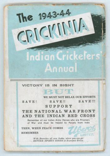 &lsquo;The Crickinia Indian Cricketers&rsquo; Annual 1943-44. Fifth issue. Edited by Muni Lal. Lahore. Original decorative paper wrappers. Some nicks to wrapper edges otherwise in good condition