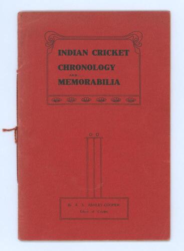 &lsquo;Indian Cricket Chronology and Memorabilia&rsquo;. F.S. Ashley-Cooper. Merritt and Hatcher 1911. Original red decorative paper wrappers with red cord to spine. 16pp. Limited edition of only thirty copies produced, this being no. 29. Limitation statement to rear