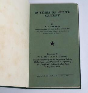 &lsquo;40 Years of Active Cricket&rsquo;. Bodhaji Devli Shanker. Lucknow 1955. Rebound in green boards preserving the original green paper wrappers. Signed to the small pen picture on the first introduction page by the author. Cricketing reminiscences of a regular cr