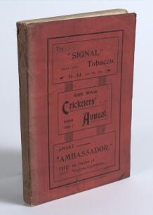 &lsquo;South African Cricketers&rsquo; Annual. Season 1905-06. Edited by J.T. Henderson. Time Printing Co, Pietermaritzburg 1906. Original red limp cloth covers with titles printed in black which state incorrectly &lsquo;Season 1906-07&rsquo;. Padwick 3615. Covers worn and soile