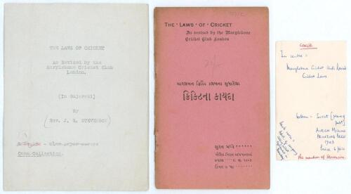 &lsquo;The Laws of Cricket as revised by the Marylebone Cricket Club, London [In Gujarati]. Printed by Surat Airish Mission Printing Press 1903, price 6 pais. 16pp booklet with original pink card wrappers. Comprises a translation of the Laws, printed in Gujarat