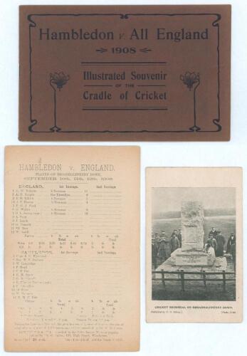 &lsquo;Hambledon v. England played on Broadhalfpenny Down&rsquo; 1908. Illustrated souvenir booklet in original brown card wrappers with printed title to front. 12pp. Comprises lists of the players taking part in the first match to be played on Broadhalfpenny Down in