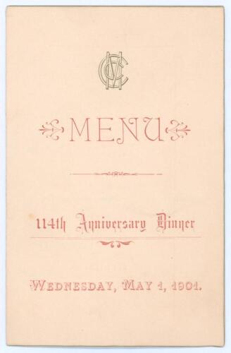 M.C.C. &lsquo;114th Anniversary Dinner&rsquo; 1901. Excellent official menu for the M.C.C. Dinner held at Lord&rsquo;s Hotel on the 1st May 1901. The four page card menu with decorative front cover showing the M.C.C. emblem to centre in black and titles in red. Menu, wines
