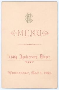 M.C.C. &lsquo;114th Anniversary Dinner&rsquo; 1901. Excellent official menu for the M.C.C. Dinner held at Lord&rsquo;s Hotel on the 1st May 1901. The four page card menu with decorative front cover showing the M.C.C. emblem to centre in black and titles in red. Menu, wines