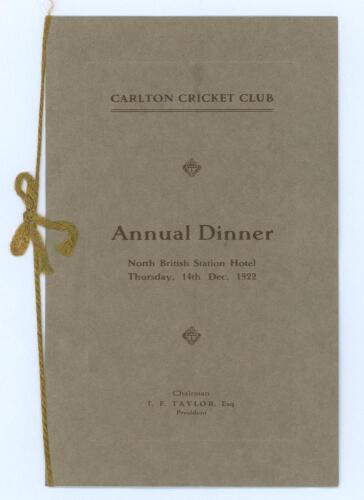 Carlton Cricket Club Annual Dinner 1922. Official menu booklet for the dinner held at the North British Station Hotel, Edinburgh, 14th December 1922. Menu and Toast List to centre pages, card wrappers with green cord tie. Adhesive marks to rear page where