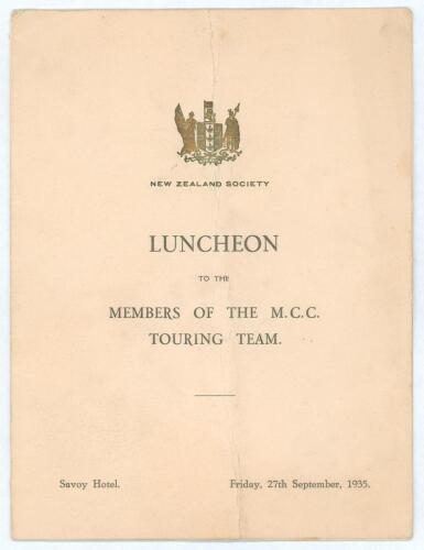&lsquo;New Zealand Society. Luncheon to The Members of the M.C.C. Touring Team&rsquo;. Original large folding table plan for the luncheon held at the Savoy Hotel on Friday 27th September 1935. Titles to front, menu and toast list to internal pages and a listing of th
