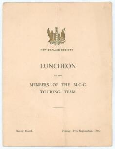 &lsquo;New Zealand Society. Luncheon to The Members of the M.C.C. Touring Team&rsquo;. Original large folding table plan for the luncheon held at the Savoy Hotel on Friday 27th September 1935. Titles to front, menu and toast list to internal pages and a listing of th