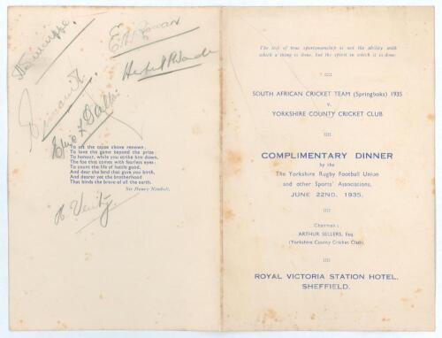 South Africa tour to England 1935. Official four page folding menu for the &lsquo;Complimentary Dinner&rsquo; given to the South African team by the Yorkshire Rugby Football Union, held at the Royal Victoria Station Hotel, Sheffield, 22nd June 1935. Six signatures in