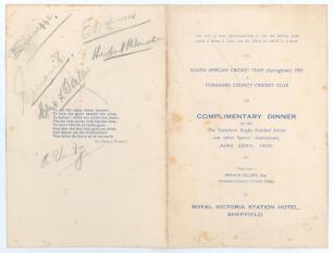 South Africa tour to England 1935. Official four page folding menu for the &lsquo;Complimentary Dinner&rsquo; given to the South African team by the Yorkshire Rugby Football Union, held at the Royal Victoria Station Hotel, Sheffield, 22nd June 1935. Six signatures in