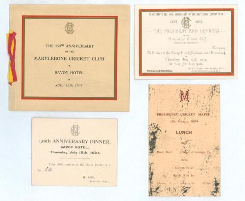 &lsquo;The 150th Anniversary of the Marylebone Cricket Club 1937&rsquo;. An official menu and invitation card for the Dinner held at the Savoy Hotel, 15th July 1937. The menu with ribbon tie, centre pages with an engraving of a &lsquo;Grand Cricket Match&rsquo;, Lord&rsquo;s 1793, men