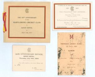 &lsquo;The 150th Anniversary of the Marylebone Cricket Club 1937&rsquo;. An official menu and invitation card for the Dinner held at the Savoy Hotel, 15th July 1937. The menu with ribbon tie, centre pages with an engraving of a &lsquo;Grand Cricket Match&rsquo;, Lord&rsquo;s 1793, men