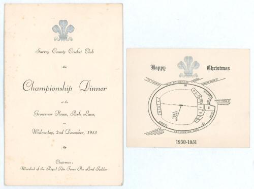 Surrey County Cricket Club &lsquo;County Champions&rsquo; Annual Dinner 1953. Official menu for the Dinner held at The Grosvenor House, Park Lane, 2nd December 1953. The menu with raised silver club emblem of the Prince of Wales feathers and titles to front cover, in