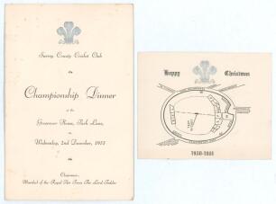Surrey County Cricket Club &lsquo;County Champions&rsquo; Annual Dinner 1953. Official menu for the Dinner held at The Grosvenor House, Park Lane, 2nd December 1953. The menu with raised silver club emblem of the Prince of Wales feathers and titles to front cover, in