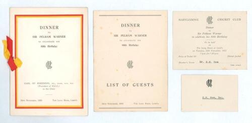 &lsquo;Dinner to Sir Pelham Warner to celebrate his 80th Birthday&rsquo;, Lord&rsquo;s, 24th November 1953. Official menu with ribbon tie in M.C.C. colours with printed guest list, official invitation and place name for S.M. Gow slipped in. Good condition.