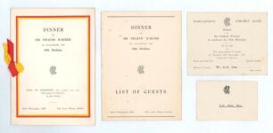&lsquo;Dinner to Sir Pelham Warner to celebrate his 80th Birthday&rsquo;, Lord&rsquo;s, 24th November 1953. Official menu with ribbon tie in M.C.C. colours with printed guest list, official invitation and place name for S.M. Gow slipped in. Good condition.