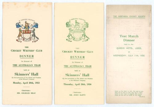 Australia tours to England 1953 & 1956. &lsquo;The Cricket Writers&rsquo; Club Dinner in honour of the Australian Team&rsquo;. Two official folding menu cards for the Dinners held at Skinners&rsquo; Hall in 1953 and 1956. Sold with an official folding menu for the &lsquo;Test Match Di