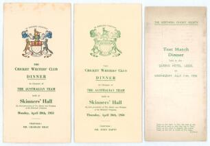 Australia tours to England 1953 & 1956. &lsquo;The Cricket Writers&rsquo; Club Dinner in honour of the Australian Team&rsquo;. Two official folding menu cards for the Dinners held at Skinners&rsquo; Hall in 1953 and 1956. Sold with an official folding menu for the &lsquo;Test Match Di