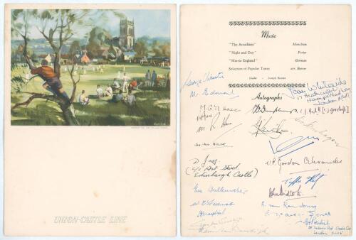 Cricket related ship menus 1950s. Two official Union-Castle Line four page menus, both featuring a decorative front cover in colour of a village cricket scene. One for the R.M.S. &lsquo;Edinburgh Castle&rsquo; dated 17th December 1953, signed to back page in ink by t