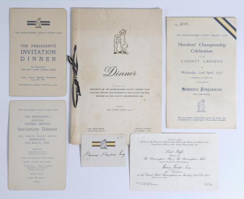 Warwickshire C.C.C. 1950-1953. Three official menus for dinners including a folding menu for &lsquo;The President&rsquo;s Invitation Dinner to Welcome the West Indies Touring Team&rsquo; held at Edgbaston, 9th August 1950. Official menu booklet for the &lsquo;Dinner in honour of