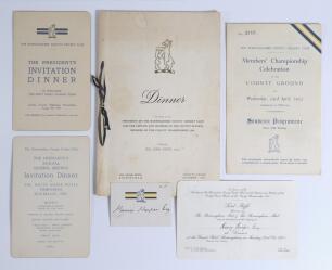 Warwickshire C.C.C. 1950-1953. Three official menus for dinners including a folding menu for &lsquo;The President&rsquo;s Invitation Dinner to Welcome the West Indies Touring Team&rsquo; held at Edgbaston, 9th August 1950. Official menu booklet for the &lsquo;Dinner in honour of