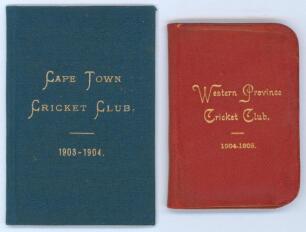 South African cricket membership tickets 1903-1905. Original Cape Town C.C. membership card/ fixture list booklet for season 1904/05, leather covers with gilt title. Sold with a similar membership booklet for Western Province C.C. 1904/05. Both issued to 