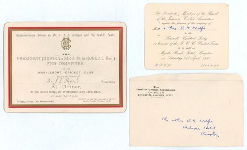 Marylebone Cricket Club 1925. Official invitation to the &lsquo;Complimentary Dinner to Mr. A.E.R. Gilligan and the M.C.C. Team&rsquo; held at the Savoy Hotel, 15th July 1925. This was the invitation to &lsquo;Mr J.L. Bryan&rsquo; (Jack Bryan, Kent & Cambridge University 1919-19