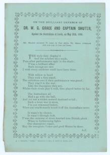 Albert Craig. &lsquo;On the brilliant defence of Dr. W.G. Grace and Captain Shuter, against the Australians at Lord&rsquo;s, on May 28th, 1888&rsquo;. Original printed poem by &lsquo;A.C.&rsquo; (Albert Craig, Surrey poet) comprising four stanzas of six lines each. The poem describes 