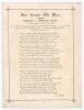 Albert Craig. &lsquo;Our Grand Old Man. England v Australia Match at the Oval, August 12, 1886&rsquo;. Original poem printed on card, comprising five stanzas of six lines each, regarding W.G. Grace scoring 170 runs, &lsquo;in grand style&rsquo;, in the game. &lsquo;That you are still 