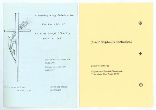 Australian cricketers&rsquo; orders of service. Four original orders of service for former Australian cricketers. Bill O&rsquo;Reilly, Blakehurst Church October 1992. Ray Lindwall, Saint Stephen&rsquo;s Cathedral, Brisbane 27th June 1996. Alan McGilvray, Darling Point Chur