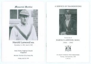Harold Larwood. Nottinghamshire & England 1924-1938. Two official orders of service including one rarer for the Memorial Service held for Larwood at Holy Trinity Anglican Church, Kingsford, Sydney, Australia 28th July 1995, the other for the Service of Th
