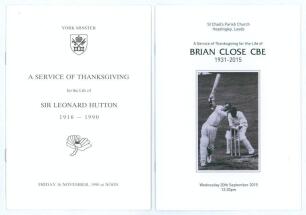 Yorkshire cricketers&rsquo; orders of service. Four original orders of service for former Yorkshire cricketers. Sir Leonard Hutton, York Minster 16th November 1990. Brian Close, St. Chad&rsquo;s Church, Headingley 30th September 2105. Two for David Bairstow, one at S
