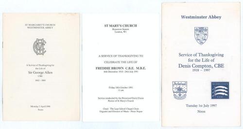 Middlesex cricketers&rsquo; orders of service. Three original orders of service for former Middlesex cricketers. Gubby Allen, St. Margaret&rsquo;s Church, Westminster Abbey 2nd April 1990. Freddie Brown, St. Mary&rsquo;s Church, Bryanston Square, London 18th October 1991. 