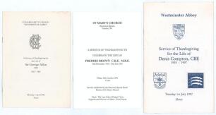 Middlesex cricketers&rsquo; orders of service. Three original orders of service for former Middlesex cricketers. Gubby Allen, St. Margaret&rsquo;s Church, Westminster Abbey 2nd April 1990. Freddie Brown, St. Mary&rsquo;s Church, Bryanston Square, London 18th October 1991. 