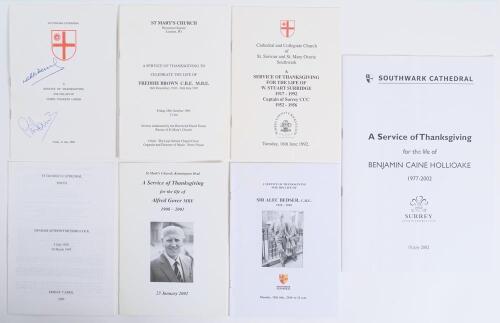 Surrey cricketers&rsquo; orders of service. Seven original orders of service for former Surrey cricketers. Jim Laker, Southwark Cathedral 11th July 1986, signed in ink to the front by Richie Benaud and Pat Pocock. Freddie Brown, Bryanston Square Church 18th Oct