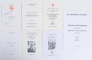 Surrey cricketers&rsquo; orders of service. Seven original orders of service for former Surrey cricketers. Jim Laker, Southwark Cathedral 11th July 1986, signed in ink to the front by Richie Benaud and Pat Pocock. Freddie Brown, Bryanston Square Church 18th Oct