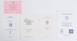 Middlesex cricketers&rsquo; orders of service. Four original orders of service for former Middlesex cricketers. Bill Edrich, St. Clement Danes Church 3rd October 1986, with original invitation. Tagge Webster, St. John&rsquo;s Wood Church 6th October 1986. Gubby Allen