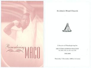 West Indies cricketers&rsquo; orders of service. Two original orders of service for former West Indies cricketers. One for the Unveiling Ceremony for the Malcolm Marshall Memorial Trophy held at Lord&rsquo;s 29th August 2000. The other for the Service of Thanksgiving