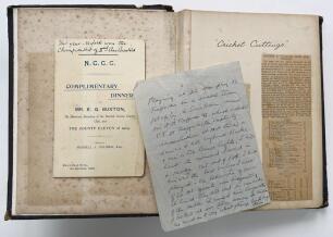 Legh Barratt. Norfolk C.C..C. 1890 to 1908. &lsquo;Cricket Cuttings&rsquo;. Norfolk C.C.C. cricket 1900-1908. Half leather black scrapbook kept by Barratt with newspaper cuttings covering matches, invitation and dinner menu, handwritten notes etc. The end paper reads