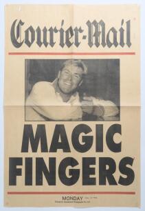 Australian newspaper posters 1988-2003. Five original posters issued by Australian newspapers. Headlines are &lsquo;Losers to Windies&rsquo; Reign of Terror&rsquo;, The Australian 30th December 1988. &lsquo;Magic Fingers [Shane Warne]&rsquo;, Courier-Mail 27th January 1993. &lsquo;Waughsome
