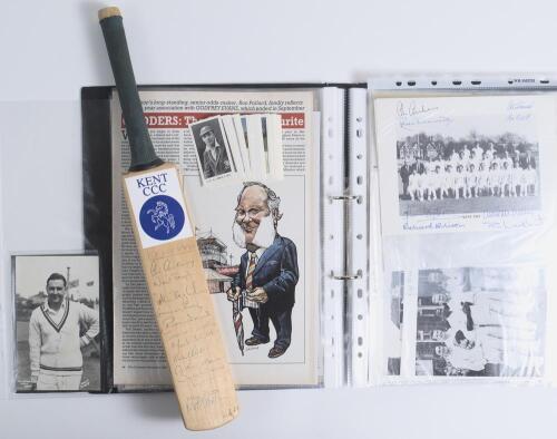 Kent C.C.C. 1950s onwards. Folder comprising a selection of ephemera, some signed, relating to Kent including signed postcards of Colin Cowdrey, the Kent team 1959 (7 signatures), printed photograph of the 1985 team (8 signatures), order of service for De