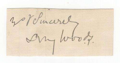 Samuel Moses James &lsquo;Sammy&rsquo; Woods. Cambridge University, Somerset, Australia & England, 1891-1910. Excellent ink signature of Woods on paper piece, signed &lsquo;yours sincerely&rsquo;, laid down. Good condition