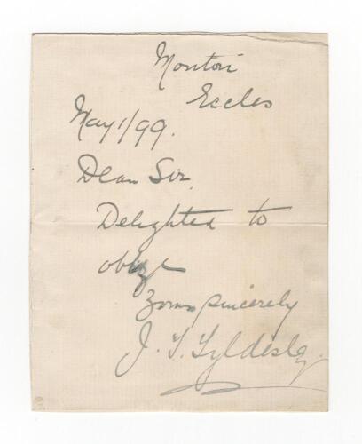 John Thomas Tyldesley. Lancashire & England 1895-1923. Short handwritten note from Tyldesley headed &lsquo;Molton, Eccles&rsquo; Dear Sir, Delighted to oblige, yours sincerely&rsquo;. Signed by Tyldesley, laid down. Good condition