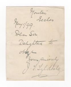 John Thomas Tyldesley. Lancashire & England 1895-1923. Short handwritten note from Tyldesley headed &lsquo;Molton, Eccles&rsquo; Dear Sir, Delighted to oblige, yours sincerely&rsquo;. Signed by Tyldesley, laid down. Good condition