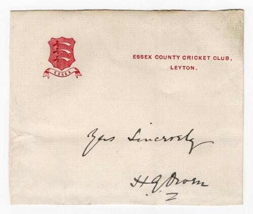 Hugh Glendwr Palmer Owen. Essex 1894-1902. Excellent ink signature of Owen on trimmed Essex County Cricket Club, Leyton, headed paper with Essex emblem to corner, laid down. Minor folds, good condition