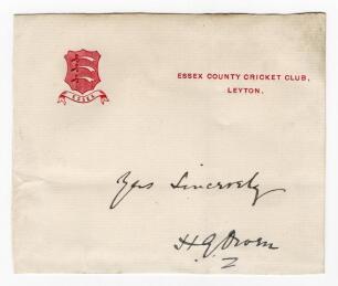 Hugh Glendwr Palmer Owen. Essex 1894-1902. Excellent ink signature of Owen on trimmed Essex County Cricket Club, Leyton, headed paper with Essex emblem to corner, laid down. Minor folds, good condition